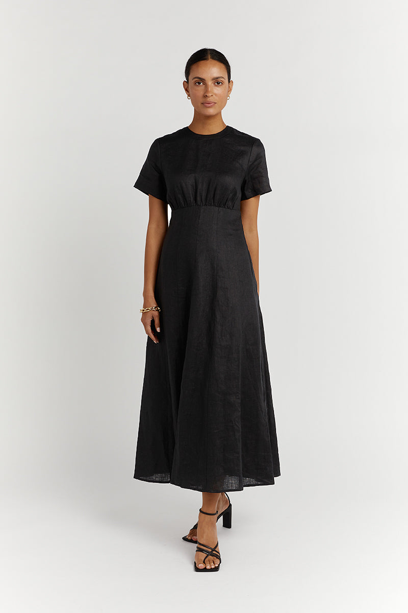 JAYDE BLACK LINEN MIDI DRESS | Dissh